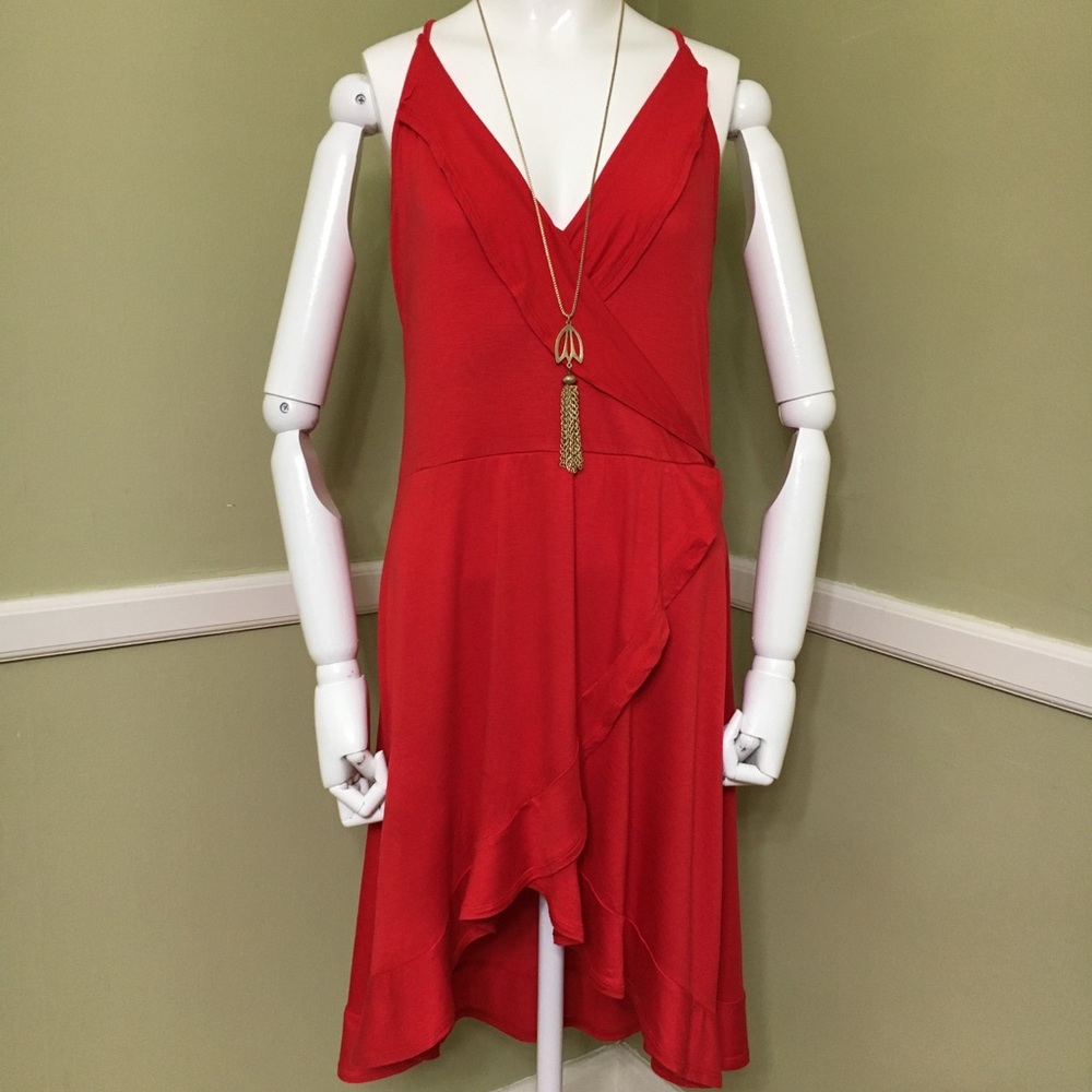 JW Sleeveless Wrap Red Ruffle Dress, sz L - Picture 3 of 8